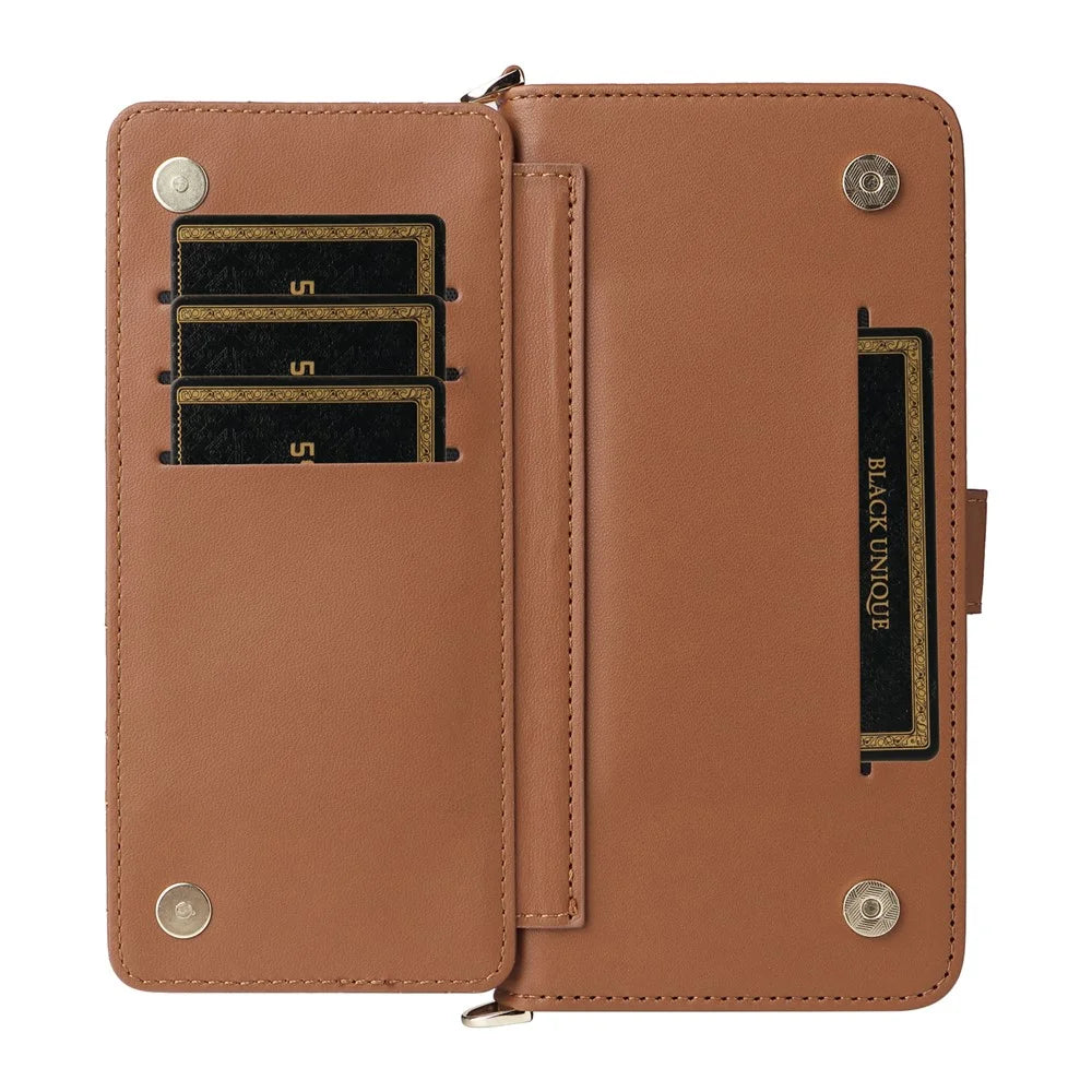 For Samsung Galaxy S25 FE Case with Shoulder / Wrist Strap Leather Phone Cover Stand Wallet - Brown - 4