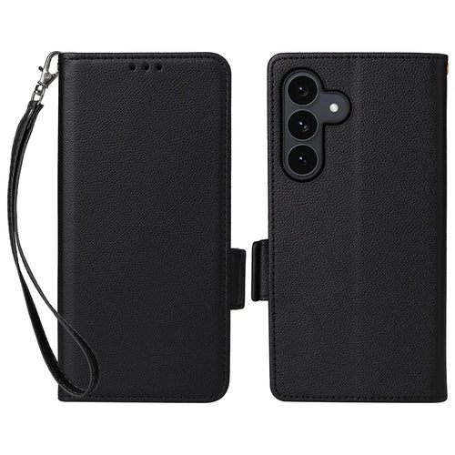 For Samsung Galaxy S25 FE Case with Wrist Strap Litchi Texture PU Leather Wallet Phone Cover - Black - 1