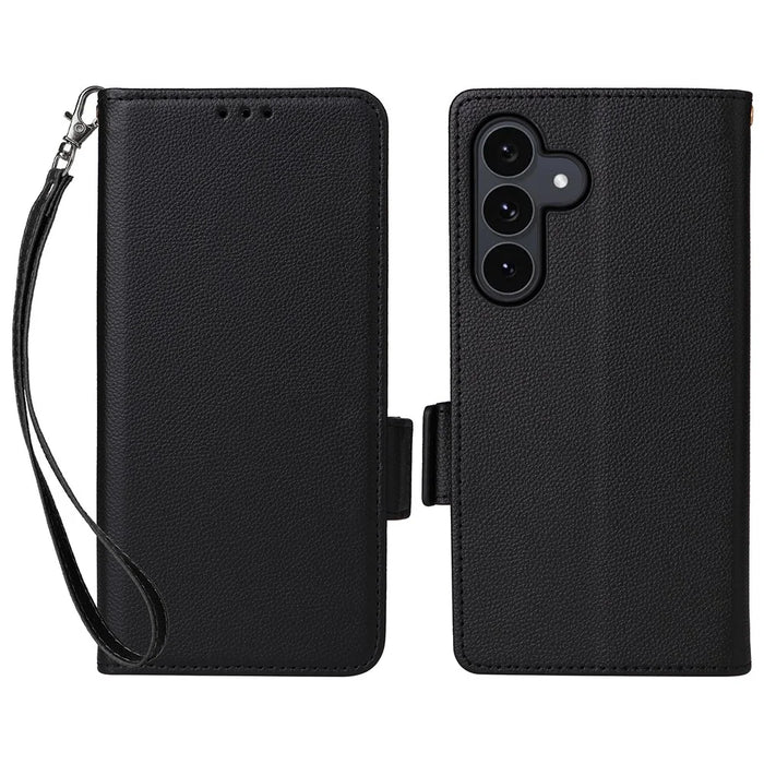 For Samsung Galaxy S25 FE Case with Wrist Strap Litchi Texture PU Leather Wallet Phone Cover - Black - 1