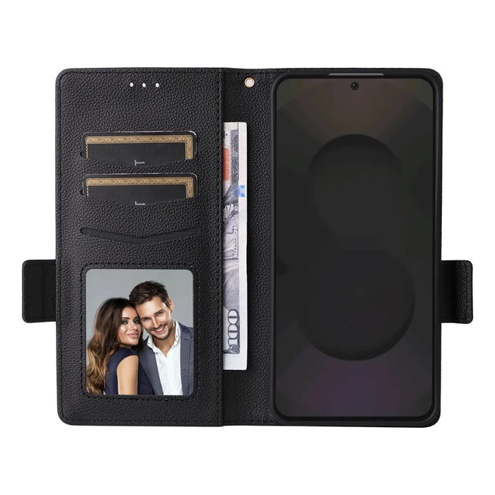 For Samsung Galaxy S25 FE Case with Wrist Strap Litchi Texture PU Leather Wallet Phone Cover - Black - 2