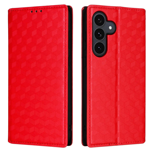 For Samsung Galaxy S25 FE Case Wallet Rhombus Imprinted Leather Phone Cover - Red - 1