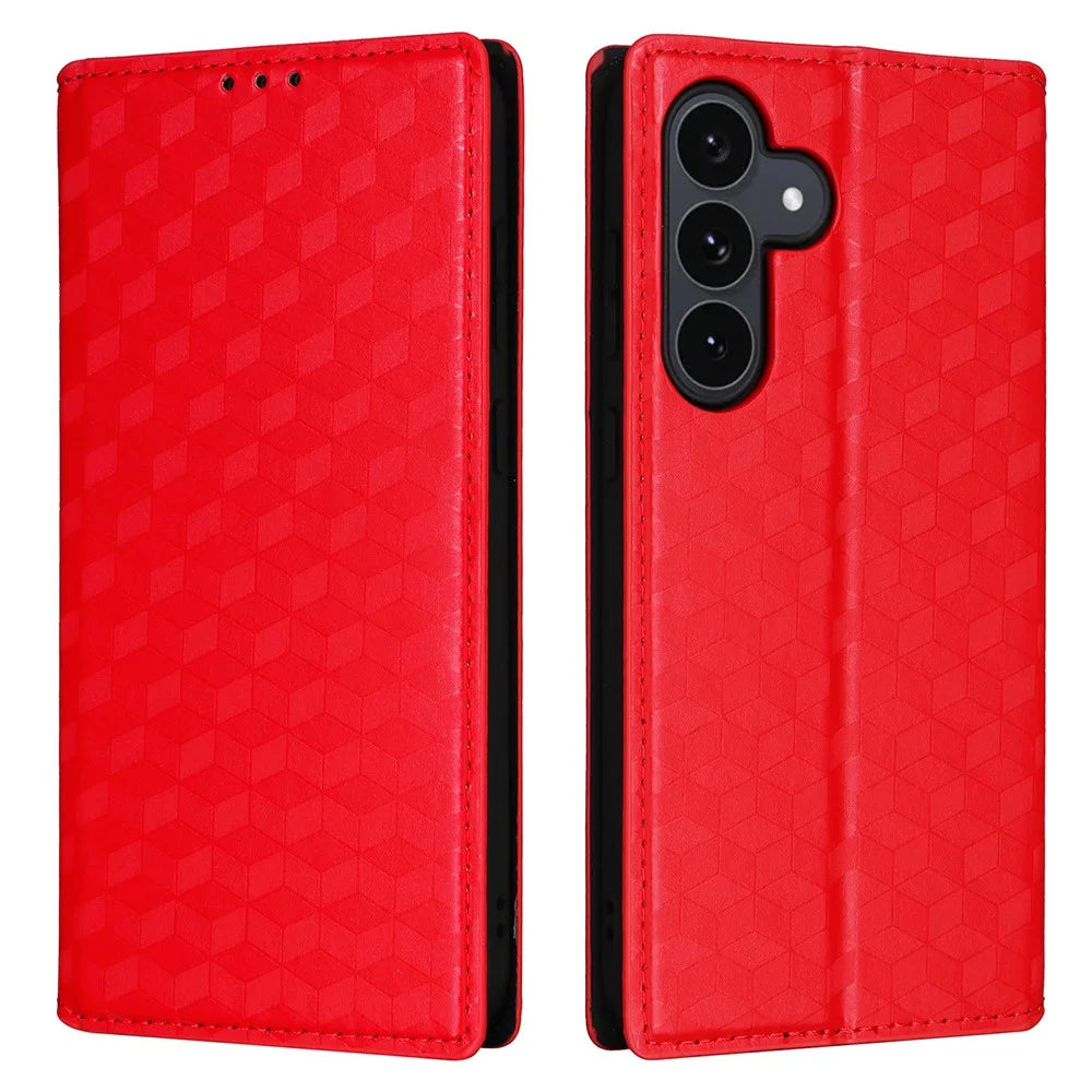 For Samsung Galaxy S25 FE Case Wallet Rhombus Imprinted Leather Phone Cover - Red - 1