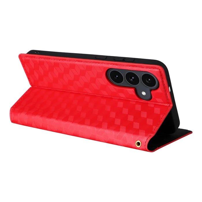 For Samsung Galaxy S25 FE Case Wallet Rhombus Imprinted Leather Phone Cover - Red - 5
