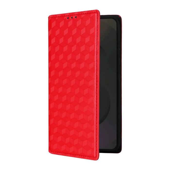 For Samsung Galaxy S25 FE Case Wallet Rhombus Imprinted Leather Phone Cover - Red - 6