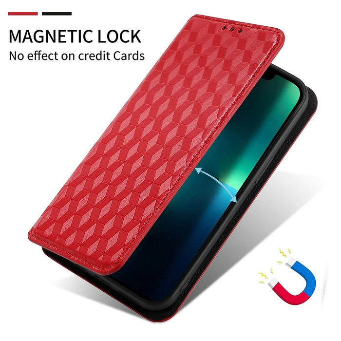 For Samsung Galaxy S25 FE Case Wallet Rhombus Imprinted Leather Phone Cover - Red - 7