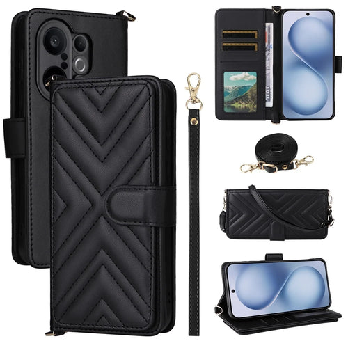 For vivo X200 FE 5G / S30 Pro mini 5G Case with Shoulder / Wrist Strap Leather Phone Cover Stand Wallet - Black - 1