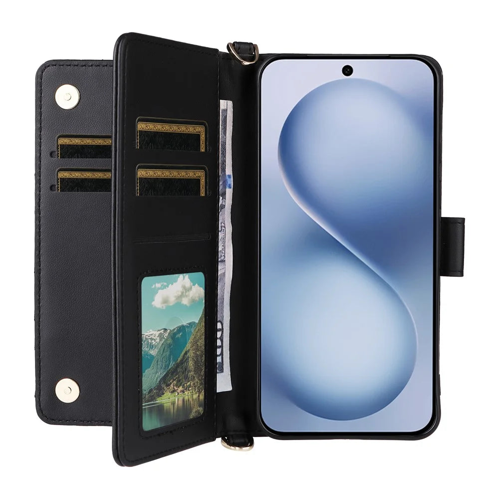 For vivo X200 FE 5G / S30 Pro mini 5G Case with Shoulder / Wrist Strap Leather Phone Cover Stand Wallet - Black - 2