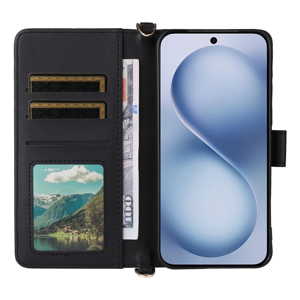 For vivo X200 FE 5G / S30 Pro mini 5G Case with Shoulder / Wrist Strap Leather Phone Cover Stand Wallet - Black - 3