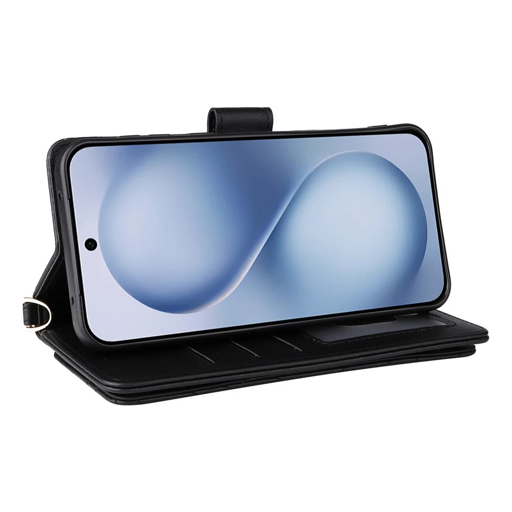 For vivo X200 FE 5G / S30 Pro mini 5G Case with Shoulder / Wrist Strap Leather Phone Cover Stand Wallet - Black - 5