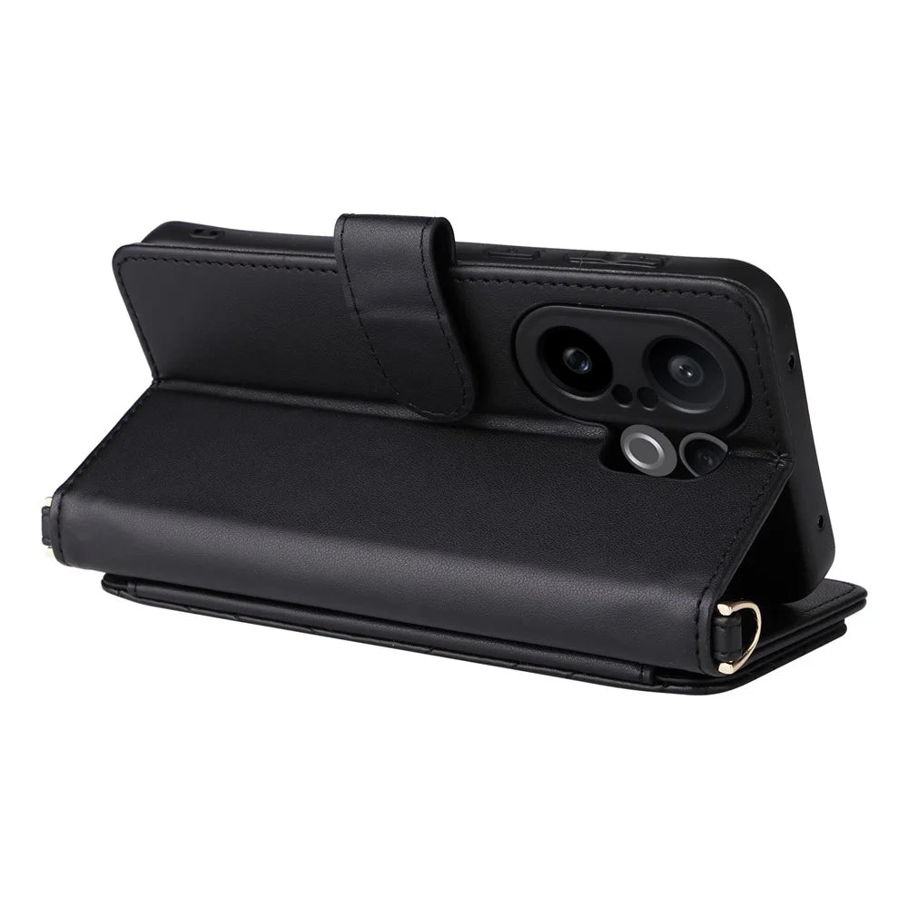 For vivo X200 FE 5G / S30 Pro mini 5G Case with Shoulder / Wrist Strap Leather Phone Cover Stand Wallet - Black - 6