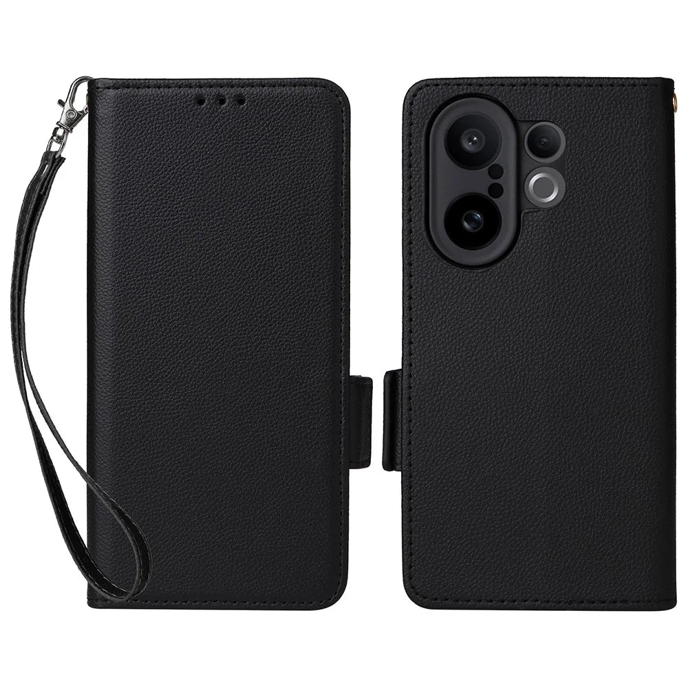 For vivo X200 FE 5G / S30 Pro mini 5G Case with Wrist Strap Litchi Texture PU Leather Wallet Phone Cover - Black - 1