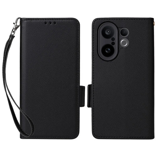 For vivo X200 FE 5G / S30 Pro mini 5G Case with Wrist Strap Litchi Texture PU Leather Wallet Phone Cover - Black - 1