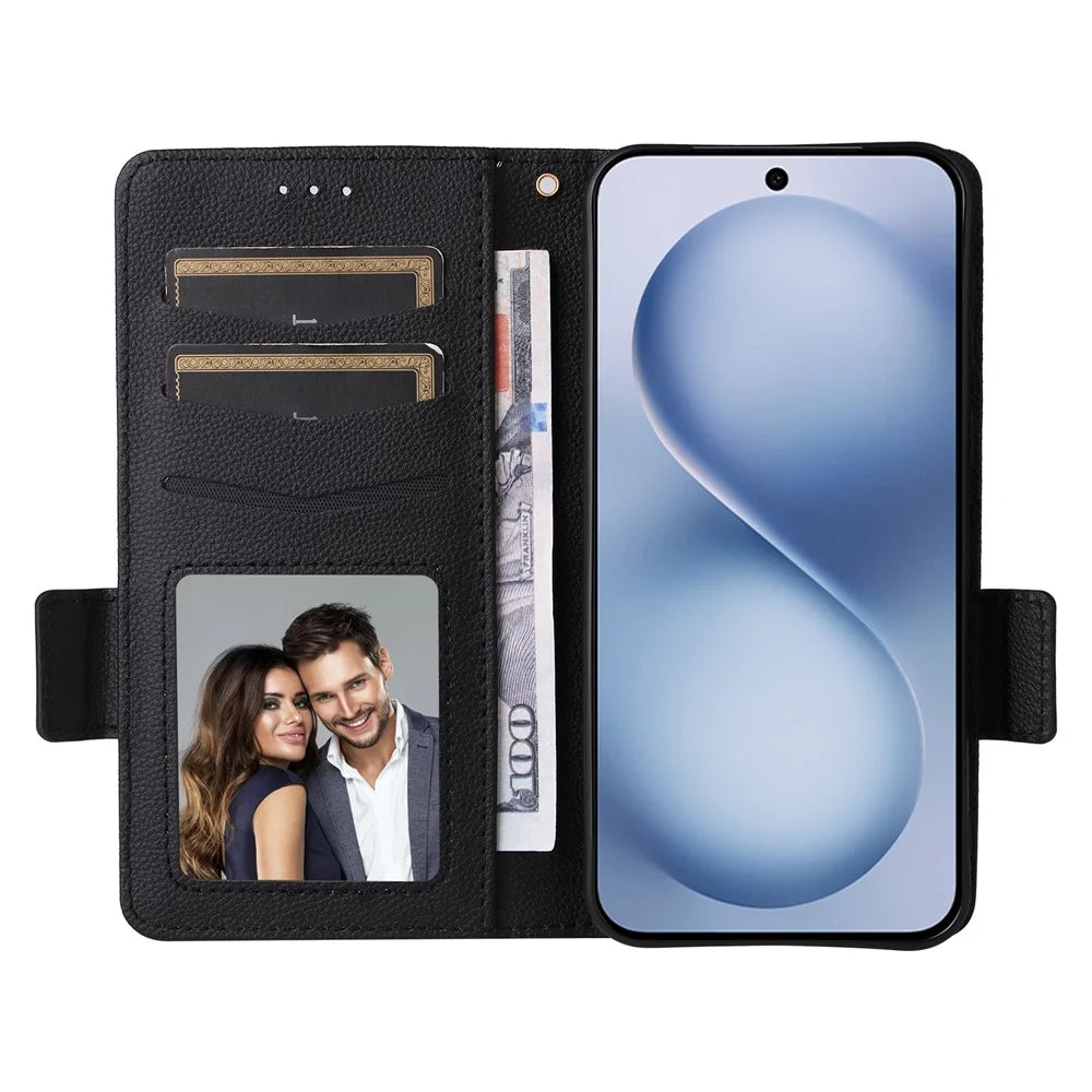 For vivo X200 FE 5G / S30 Pro mini 5G Case with Wrist Strap Litchi Texture PU Leather Wallet Phone Cover - Black - 2