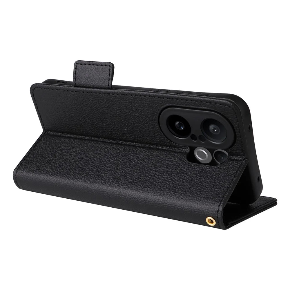 For vivo X200 FE 5G / S30 Pro mini 5G Case with Wrist Strap Litchi Texture PU Leather Wallet Phone Cover - Black - 4