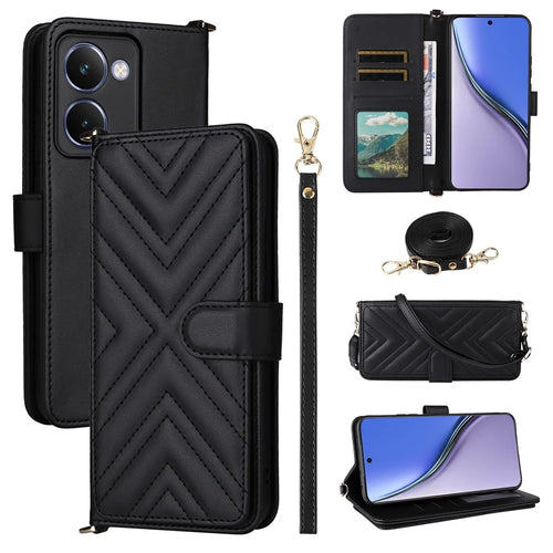 For Realme P3 Ultra 5G Case with Shoulder / Wrist Strap Leather Phone Cover Stand Wallet - Black - 1