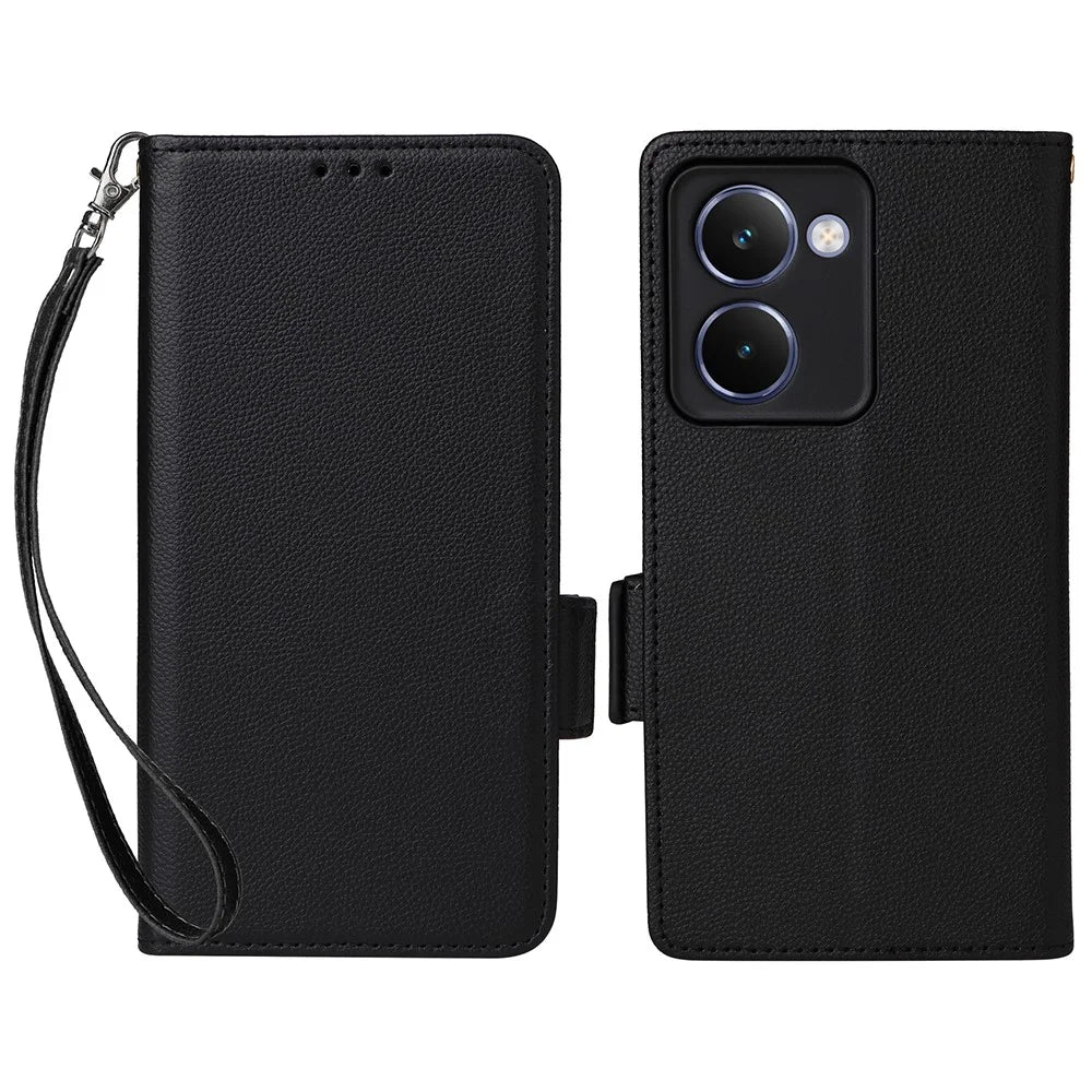 For Realme P3 Ultra 5G Case with Wrist Strap Litchi Texture PU Leather Wallet Phone Cover - Black - 1