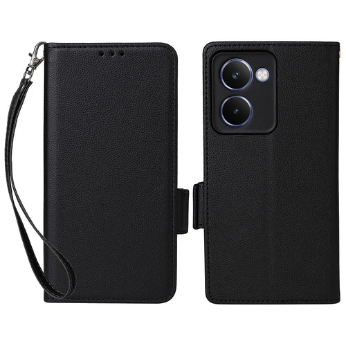 For Realme P3 Ultra 5G Case with Wrist Strap Litchi Texture PU Leather Wallet Phone Cover - Black - 1