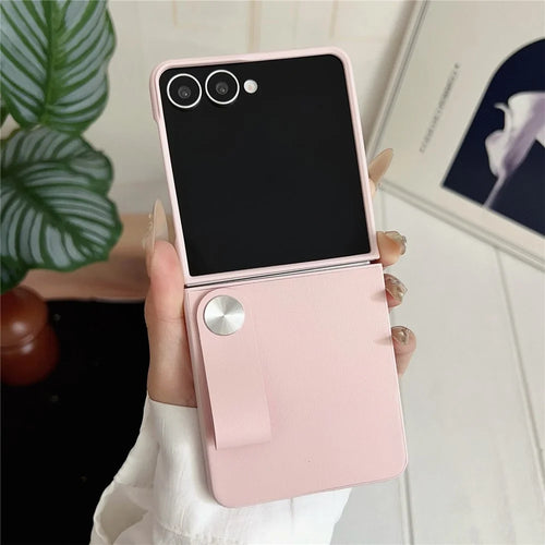 For Samsung Galaxy Z Flip7 5G Case PU Leather + PC Phone Cover with Grip Strap - Pink - 1