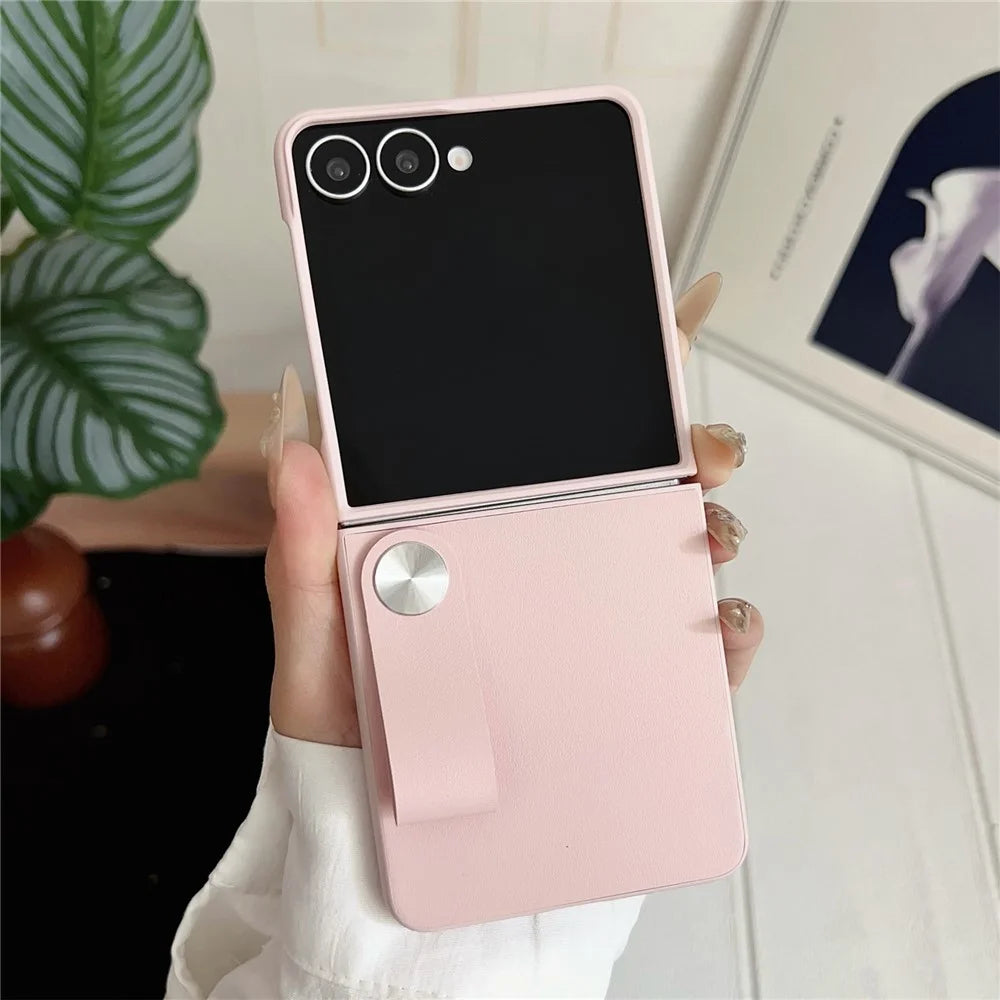 For Samsung Galaxy Z Flip7 5G Case PU Leather + PC Phone Cover with Grip Strap - Pink - 1