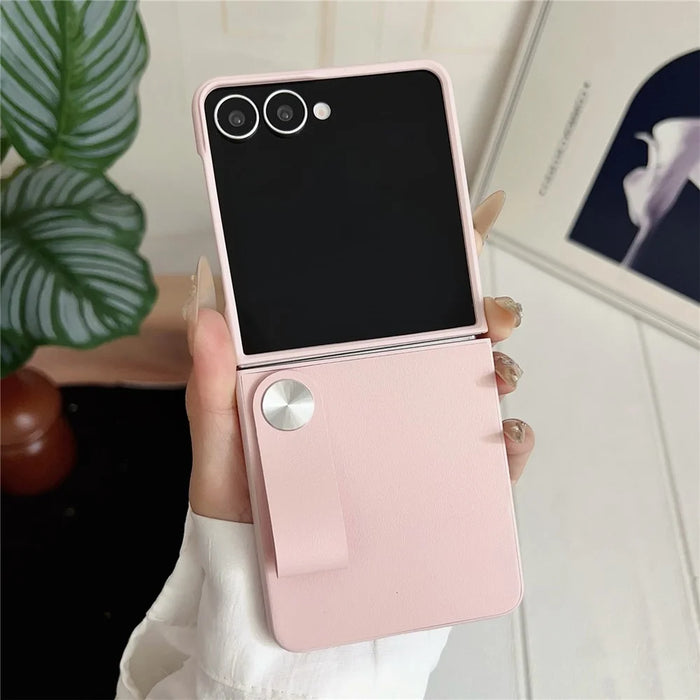 For Samsung Galaxy Z Flip7 5G Case PU Leather + PC Phone Cover with Grip Strap - Pink - 1