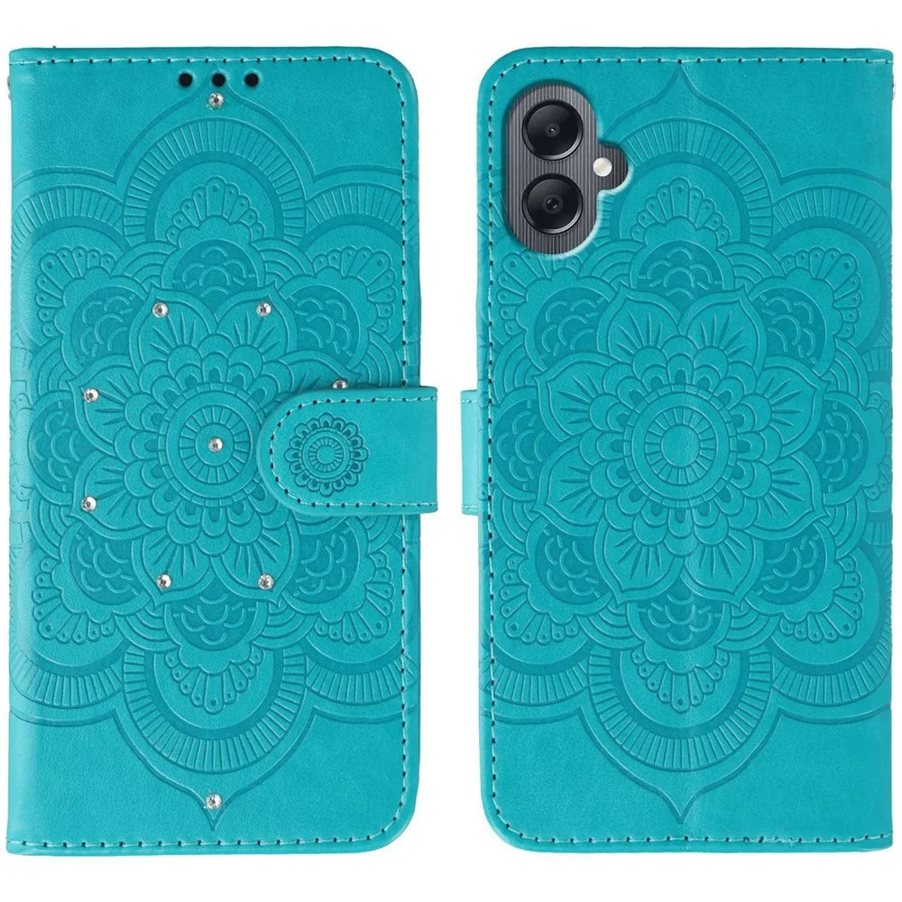 For Samsung Galaxy A05 4G Case Rhinestone Decor PU Leather Mandala Imprinted Design Phone Cover with Wrist Strap - Blue - 1
