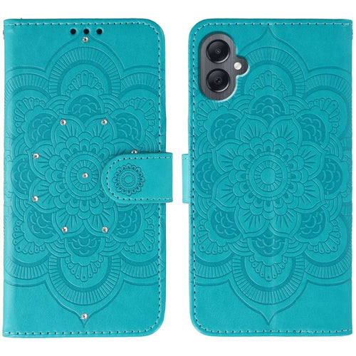 For Samsung Galaxy A05 4G Case Rhinestone Decor PU Leather Mandala Imprinted Design Phone Cover with Wrist Strap - Blue - 1