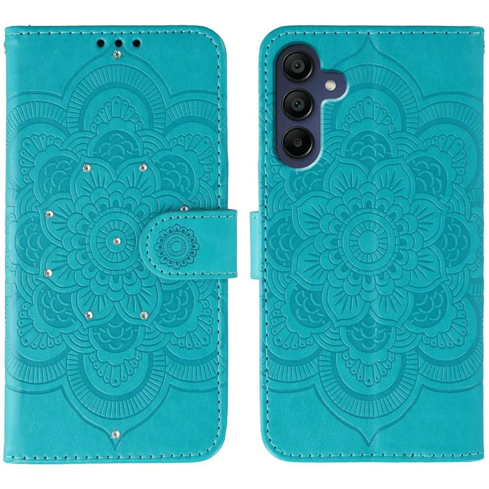 For Samsung Galaxy A06s Case Rhinestone Decor PU Leather Mandala Imprinted Design Phone Cover with Wrist Strap - Blue - 1