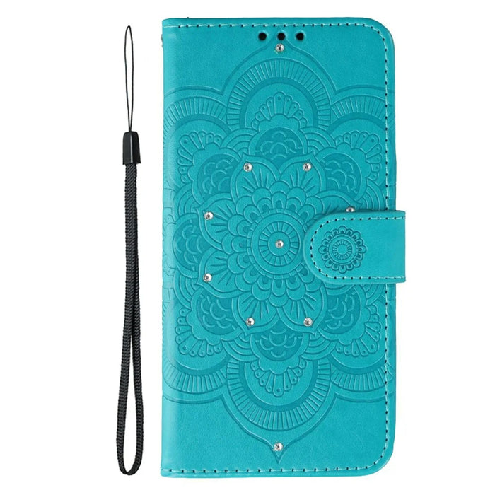 For Samsung Galaxy A06s Case Rhinestone Decor PU Leather Mandala Imprinted Design Phone Cover with Wrist Strap - Blue - 4
