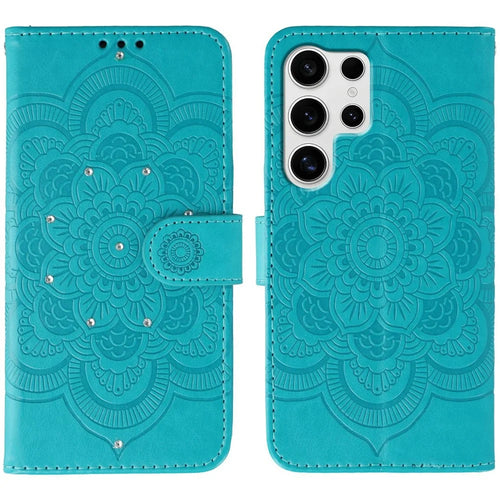 For Samsung Galaxy S24 Ultra Case Rhinestone Decor PU Leather Mandala Imprinted Design Phone Cover with Wrist Strap - Blue - 1
