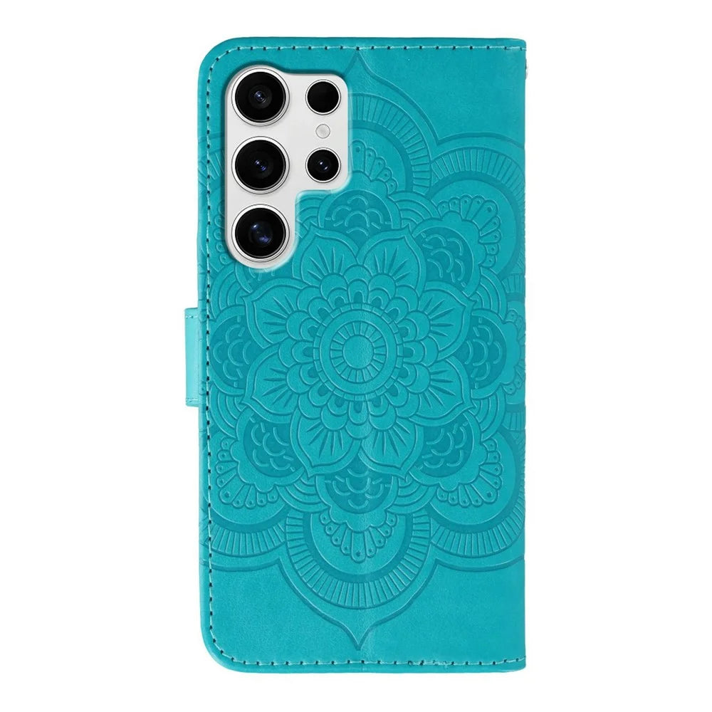For Samsung Galaxy S24 Ultra Case Rhinestone Decor PU Leather Mandala Imprinted Design Phone Cover with Wrist Strap - Blue - 5
