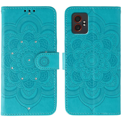 For Samsung Galaxy XCover7 Pro Case Rhinestone Decor PU Leather Mandala Imprinted Design Phone Cover with Wrist Strap - Blue - 1