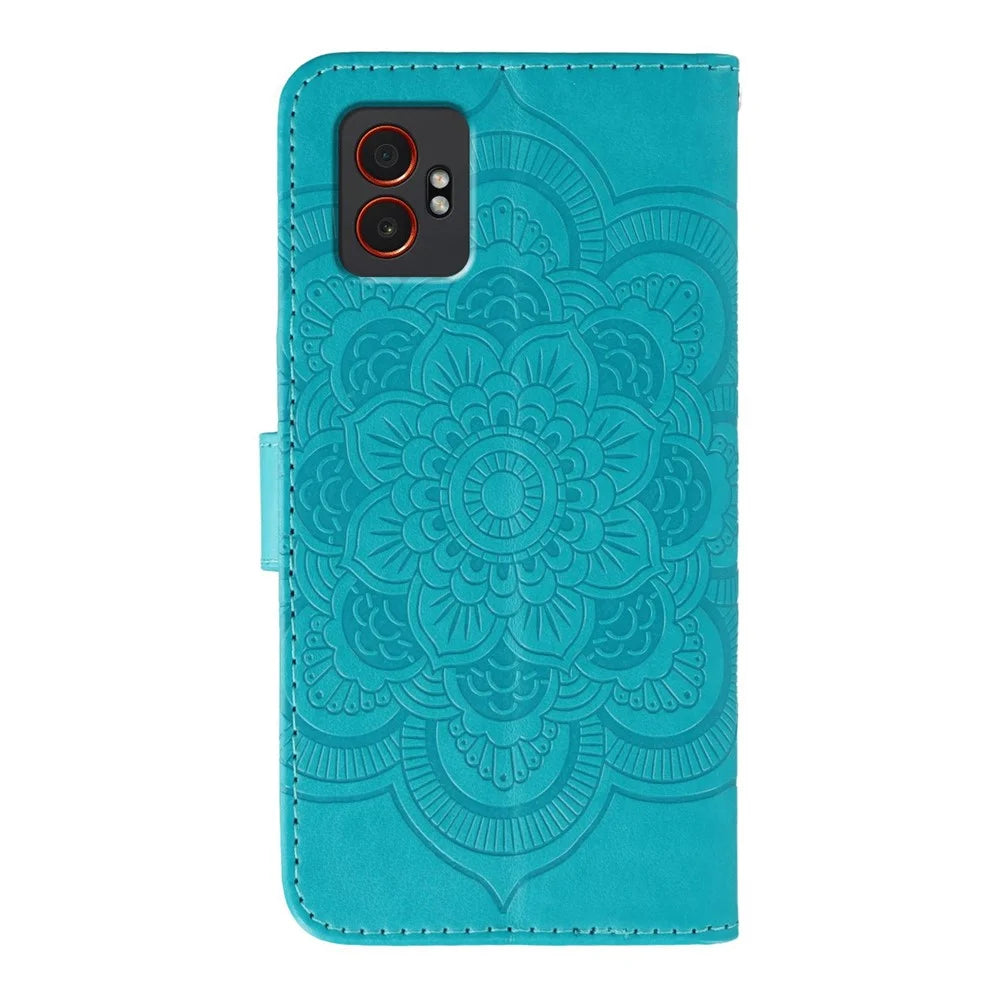 For Samsung Galaxy XCover7 Pro Case Rhinestone Decor PU Leather Mandala Imprinted Design Phone Cover with Wrist Strap - Blue - 5