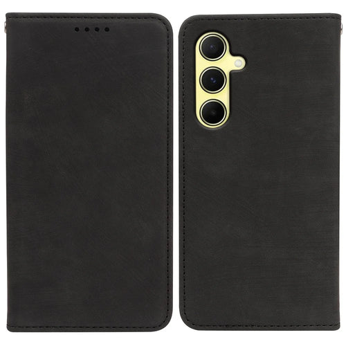 For Samsung Galaxy S25 FE Case Strong Magnetic Leather Wallet Phone Cover with Striped Texture - Black - 1