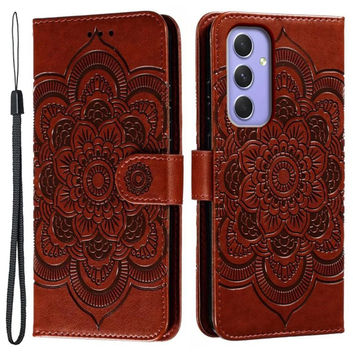 For Samsung Galaxy S25 FE Case PU Leather Mandala Imprinted Design Wallet Phone Cover with Wrist Strap - Brown - 1