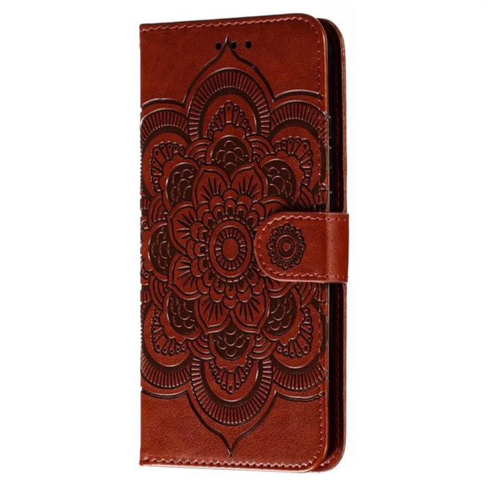 For Samsung Galaxy S25 FE Case PU Leather Mandala Imprinted Design Wallet Phone Cover with Wrist Strap - Brown - 6