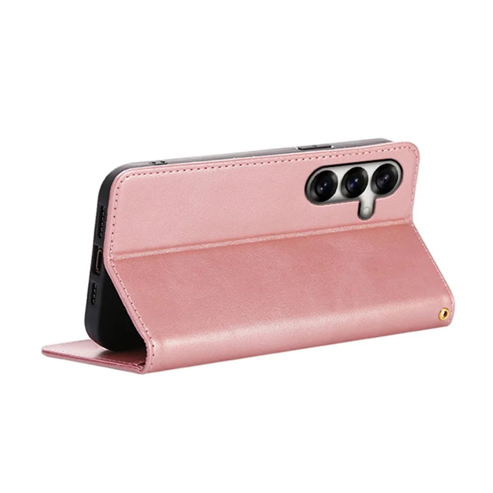 For Samsung Galaxy S25 FE Case Wallet Calf Texture Leather Phone Cover with Hidden Magnetic Closure - Rose Gold - 4