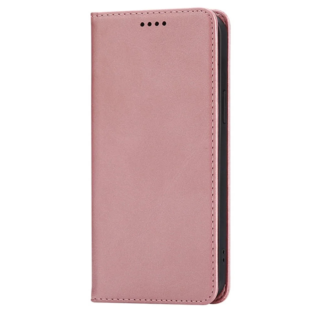 For Samsung Galaxy S25 FE Case Wallet Calf Texture Leather Phone Cover with Hidden Magnetic Closure - Rose Gold - 5