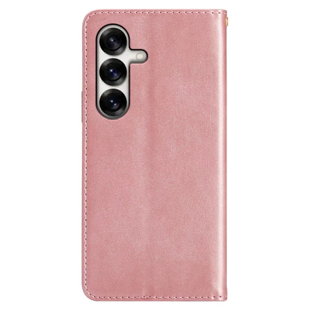 For Samsung Galaxy S25 FE Case Wallet Calf Texture Leather Phone Cover with Hidden Magnetic Closure - Rose Gold - 6