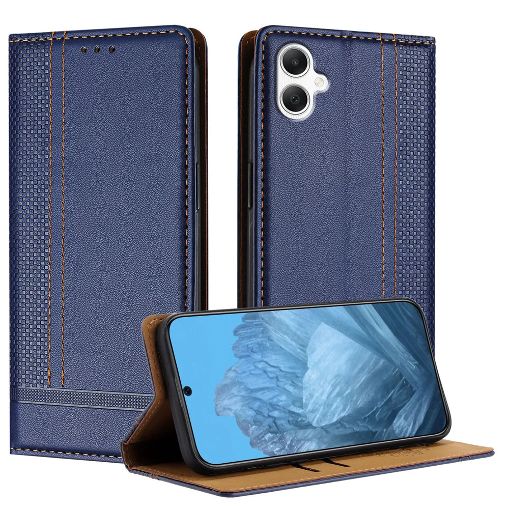For Samsung Galaxy A08 5G / A08 4G / A07 4G / A06 4G / A06 5G Case L-Shaped Grid Pattern Leather Stand Phone Cover with Card Slots - Blue - 1