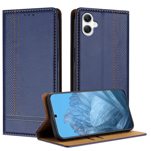 For Samsung Galaxy A08 5G / A08 4G / A07 4G / A06 4G / A06 5G Case L-Shaped Grid Pattern Leather Stand Phone Cover with Card Slots - Blue - 1