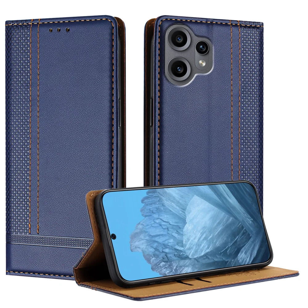 For Nothing CMF Phone 2 Pro Case L-Shaped Grid Pattern Leather Stand Phone Cover with Card Slots - Blue - 1