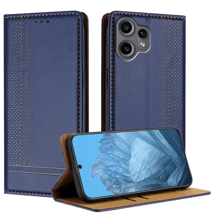 For Nothing CMF Phone 2 Pro Case L-Shaped Grid Pattern Leather Stand Phone Cover with Card Slots - Blue - 1