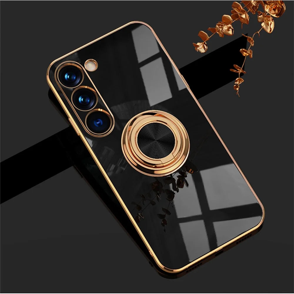 For Samsung Galaxy S23+ Case Precise Cutouts 6D Electroplating TPU Phone Cover with Ring Holder - Black - 1