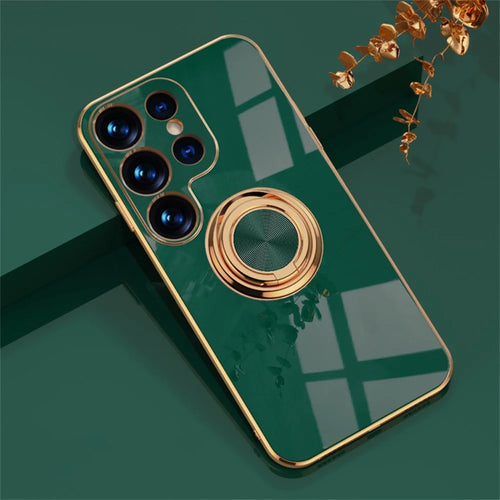 For Samsung Galaxy S23 Ultra Case Precise Cutouts 6D Electroplating TPU Phone Cover with Ring Holder - Midnight Green - 1