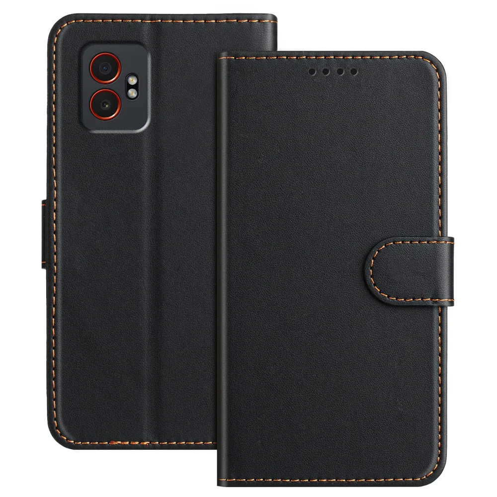 For Samsung Galaxy XCover7 Pro Leather Case Wallet Stand Solid Color Anti Drop Phone Cover - Black - 1