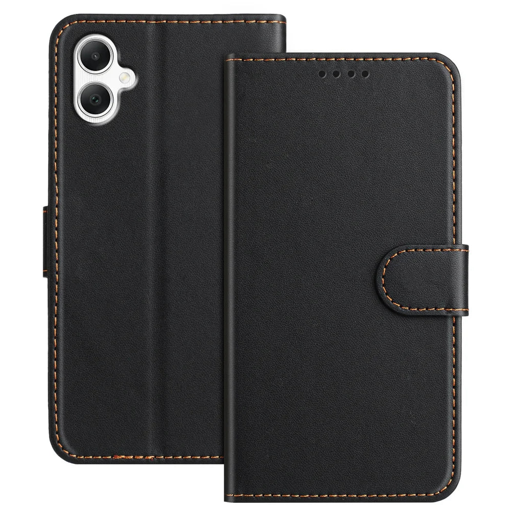 For Samsung Galaxy A08 5G / A08 4G / A07 4G / A06 4G / A06 5G Leather Case Wallet Stand Solid Color Anti Drop Phone Cover - Black - 1