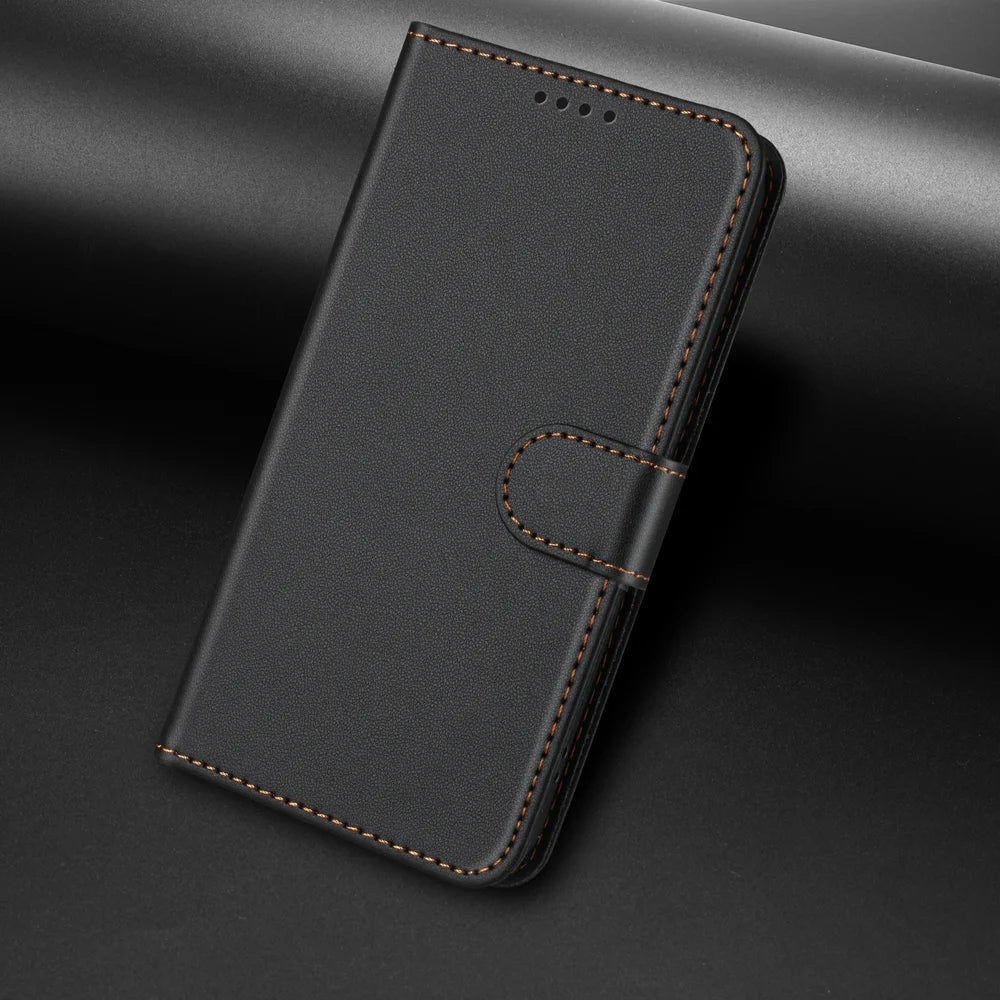 For Samsung Galaxy A08 5G / A08 4G / A07 4G / A06 4G / A06 5G Leather Case Wallet Stand Solid Color Anti Drop Phone Cover - Black - 7