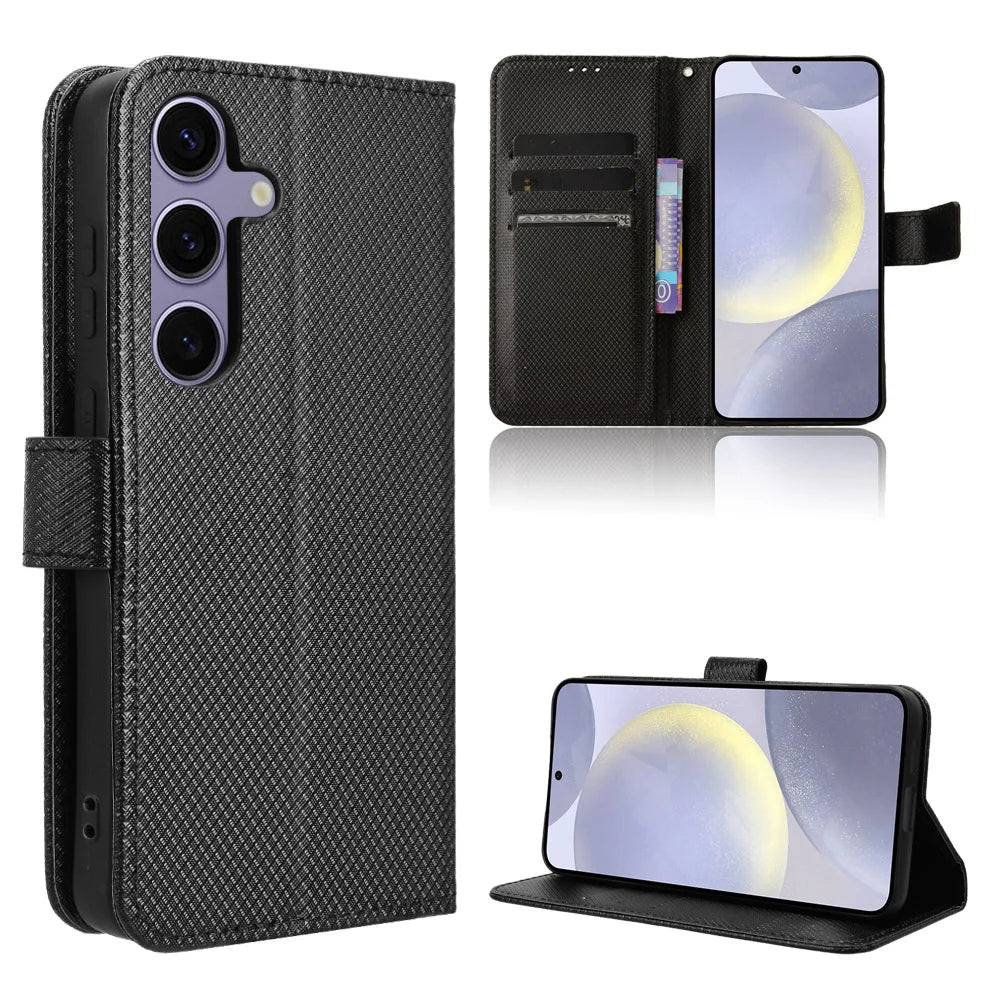 For Samsung Galaxy S25 FE Leather Wallet Case with Strap Diamond Texture Phone Cover - Black - 1