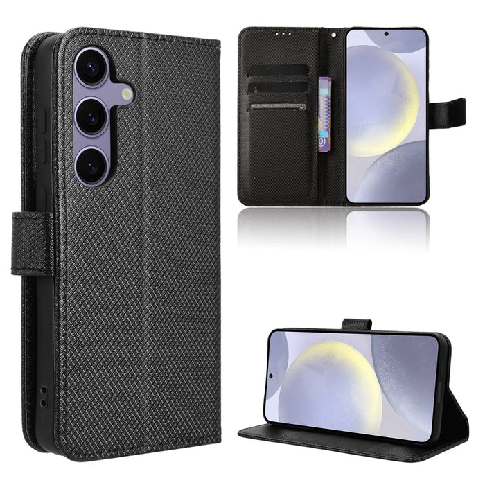 For Samsung Galaxy S25 FE Leather Wallet Case with Strap Diamond Texture Phone Cover - Black - 1