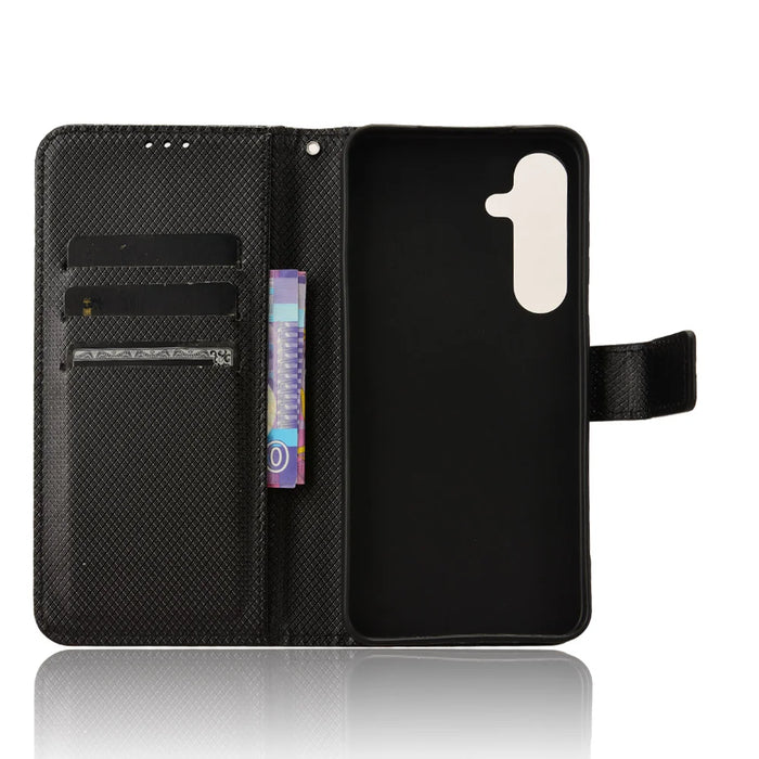 For Samsung Galaxy S25 FE Leather Wallet Case with Strap Diamond Texture Phone Cover - Black - 5